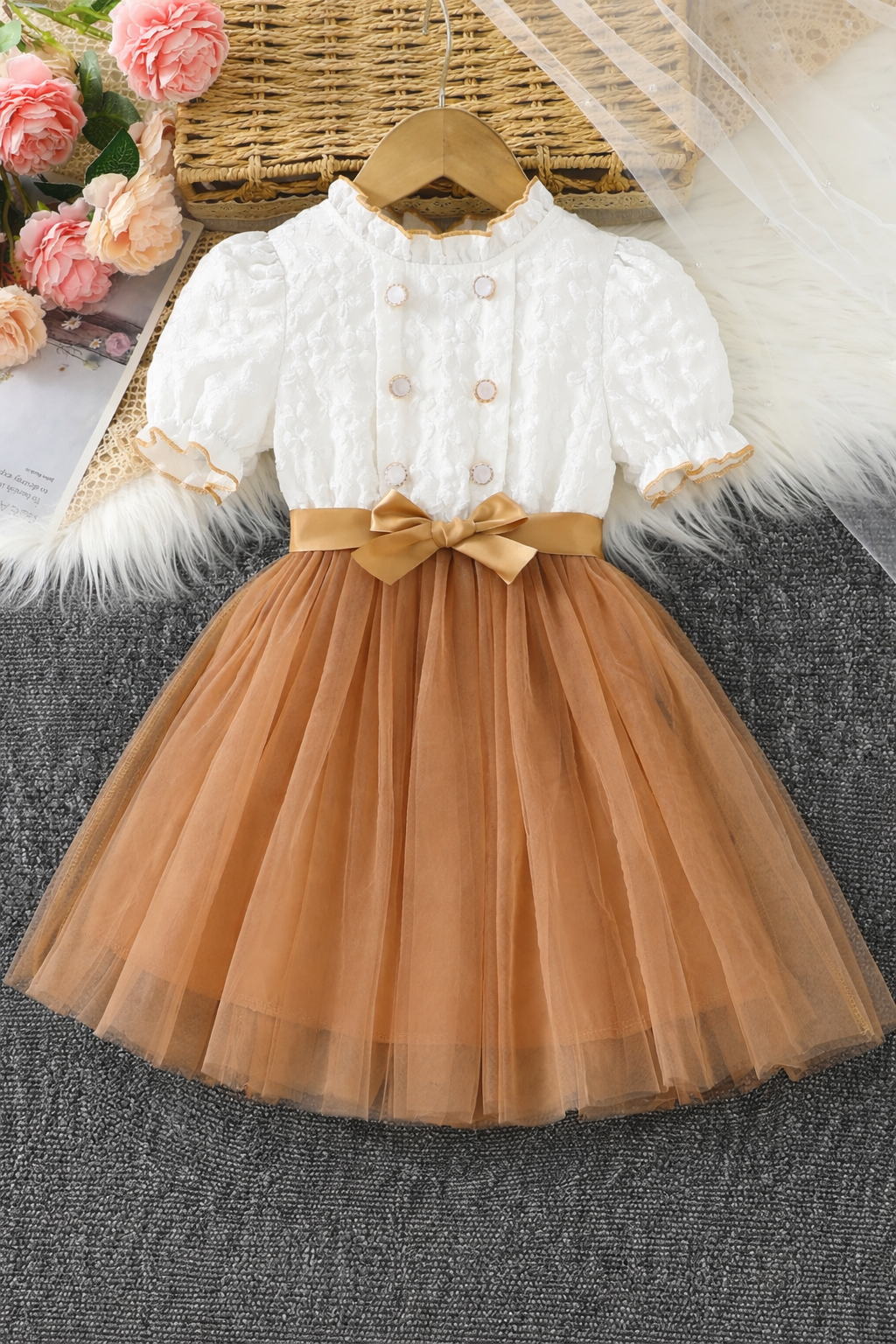 Kids Girls Princess White & Golden Tulle Party Dress (3 to 8 years)