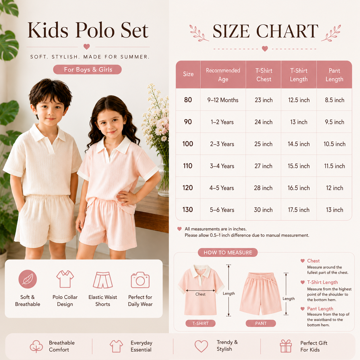Kids Summer Polo Collar Ribbed Clothing Set for Boys & Girls – Soft Short Sleeve Top & Shorts Set (6 months to 6 years)_img_5