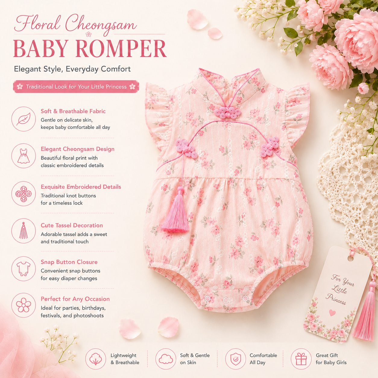 Baby Girl Floral Cheongsam Pink Traditional Style Romper Dress (0 to 18 months)
