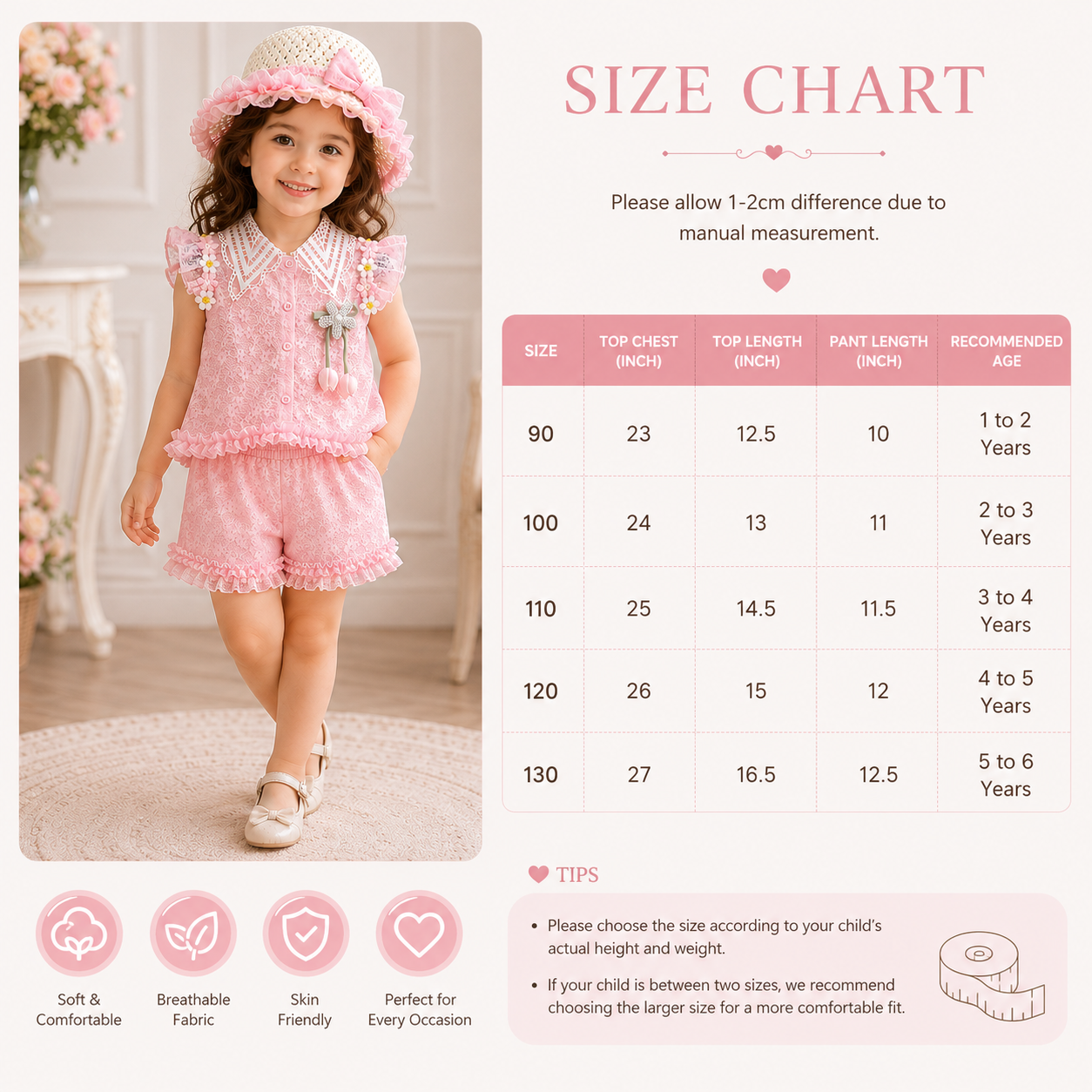 Kids Girl Elegant Pink Lace Outfit Set with Ruffle Skirt Pant & Sun Hat (1 to 6 years)_img_7