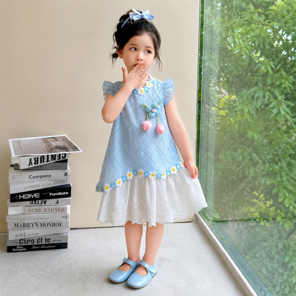Kids Girls Elegant Summer Blue Lace Floral Party Dress (1 to 6 years)