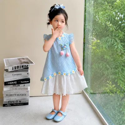 Kids Girls Elegant Summer Blue Lace Floral Party Dress (1 to 6 years)_img_0