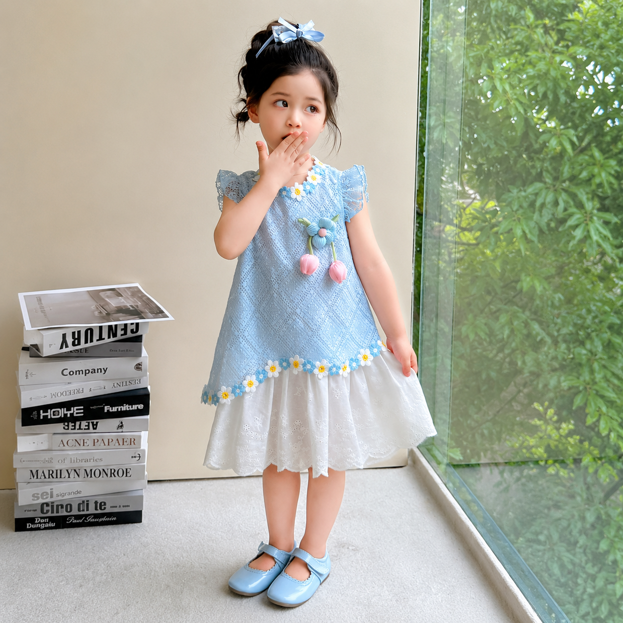 Kids Girls Elegant Summer Blue Lace Floral Party Dress (1 to 6 years)