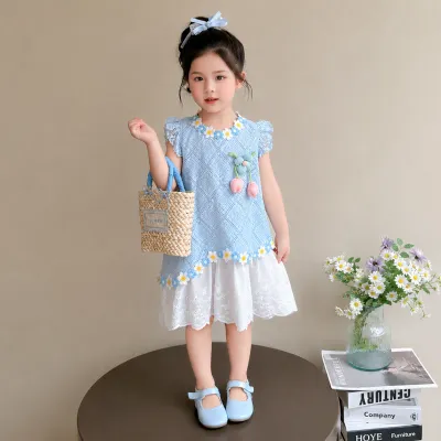 Kids Girls Elegant Summer Blue Lace Floral Party Dress (1 to 6 years)_img_2