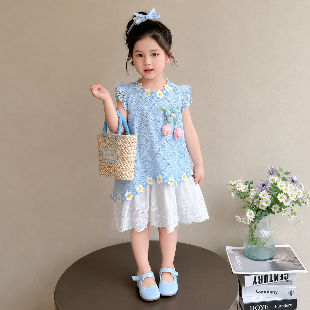 Kids Girls Elegant Summer Blue Lace Floral Party Dress (1 to 6 years)_img_2