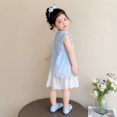 Kids Girls Elegant Summer Blue Lace Floral Party Dress (1 to 6 years)_img_3