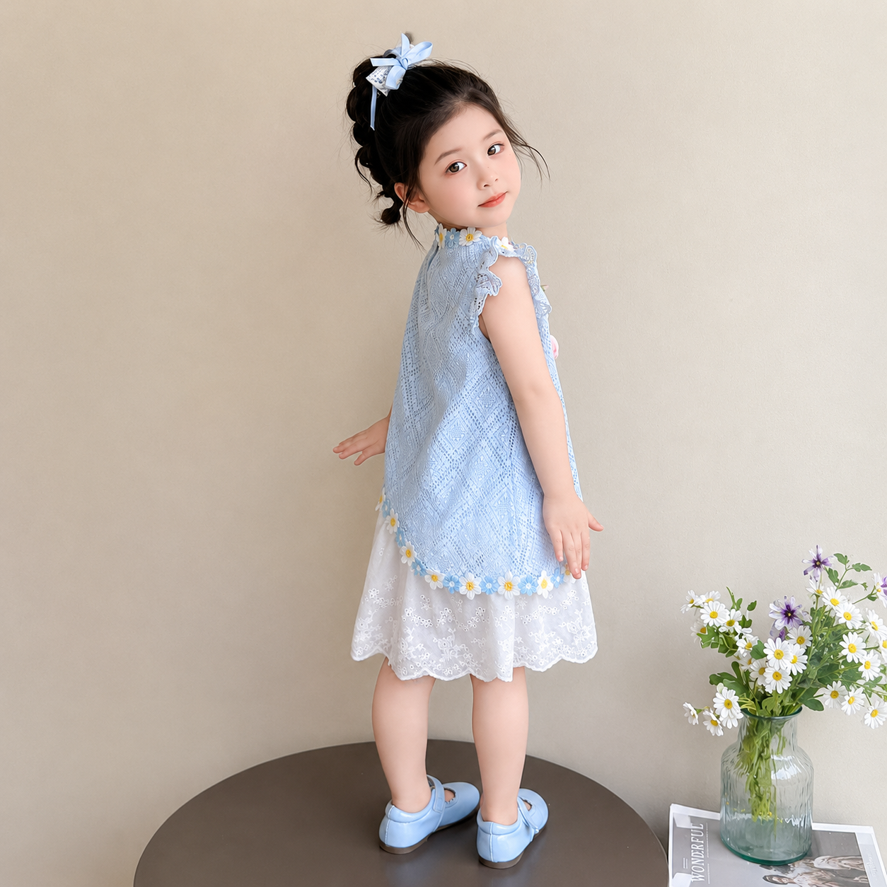 Kids Girls Elegant Summer Blue Lace Floral Party Dress (1 to 6 years)_img_3