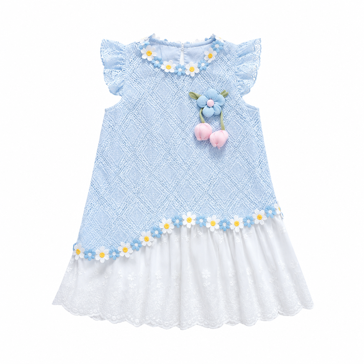 Kids Girls Elegant Summer Blue Lace Floral Party Dress (1 to 6 years)_img_4