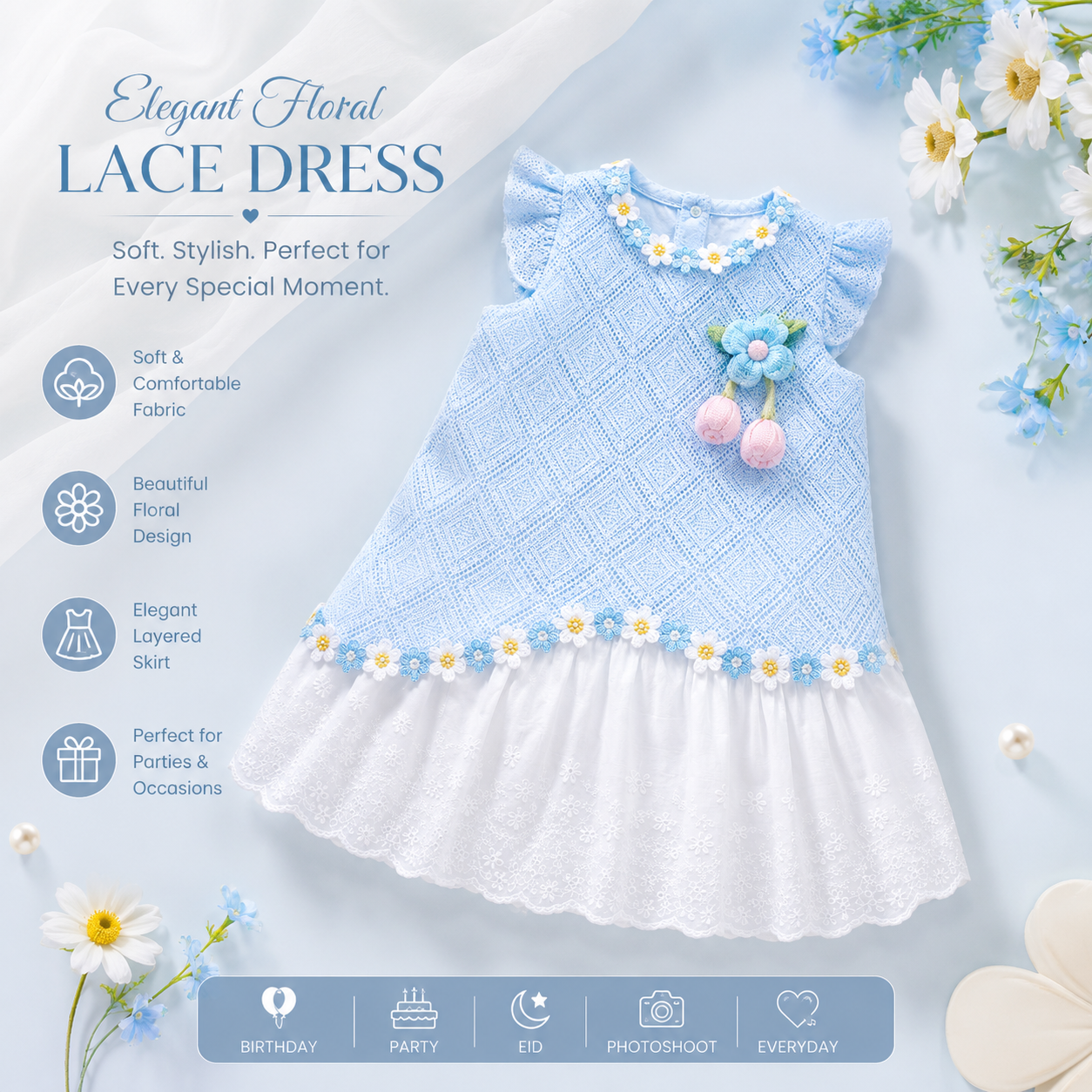 Kids Girls Elegant Summer Blue Lace Floral Party Dress (1 to 6 years)_img_1
