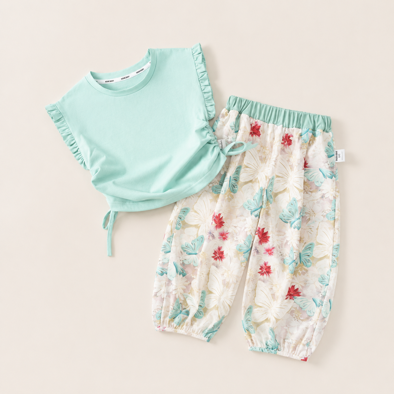 Kids Mint Green Butterfly Floral Girls Outfit Set Top & Wide Leg Pants (1 to 6 years)_img_2