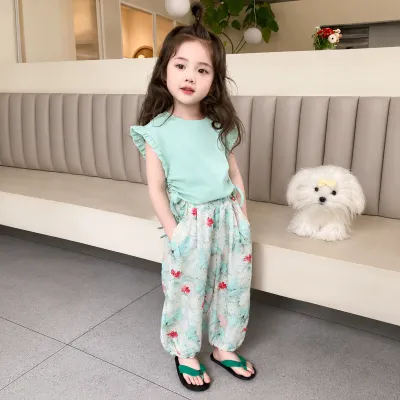 Kids Mint Green Butterfly Floral Girls Outfit Set Top & Wide Leg Pants (1 to 6 years)_img_1