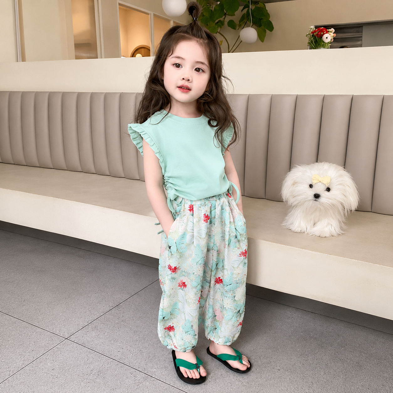Kids Mint Green Butterfly Floral Girls Outfit Set Top & Wide Leg Pants (1 to 6 years)_img_1