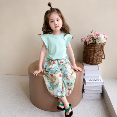 Kids Mint Green Butterfly Floral Girls Outfit Set Top & Wide Leg Pants (1 to 6 years)_img_0