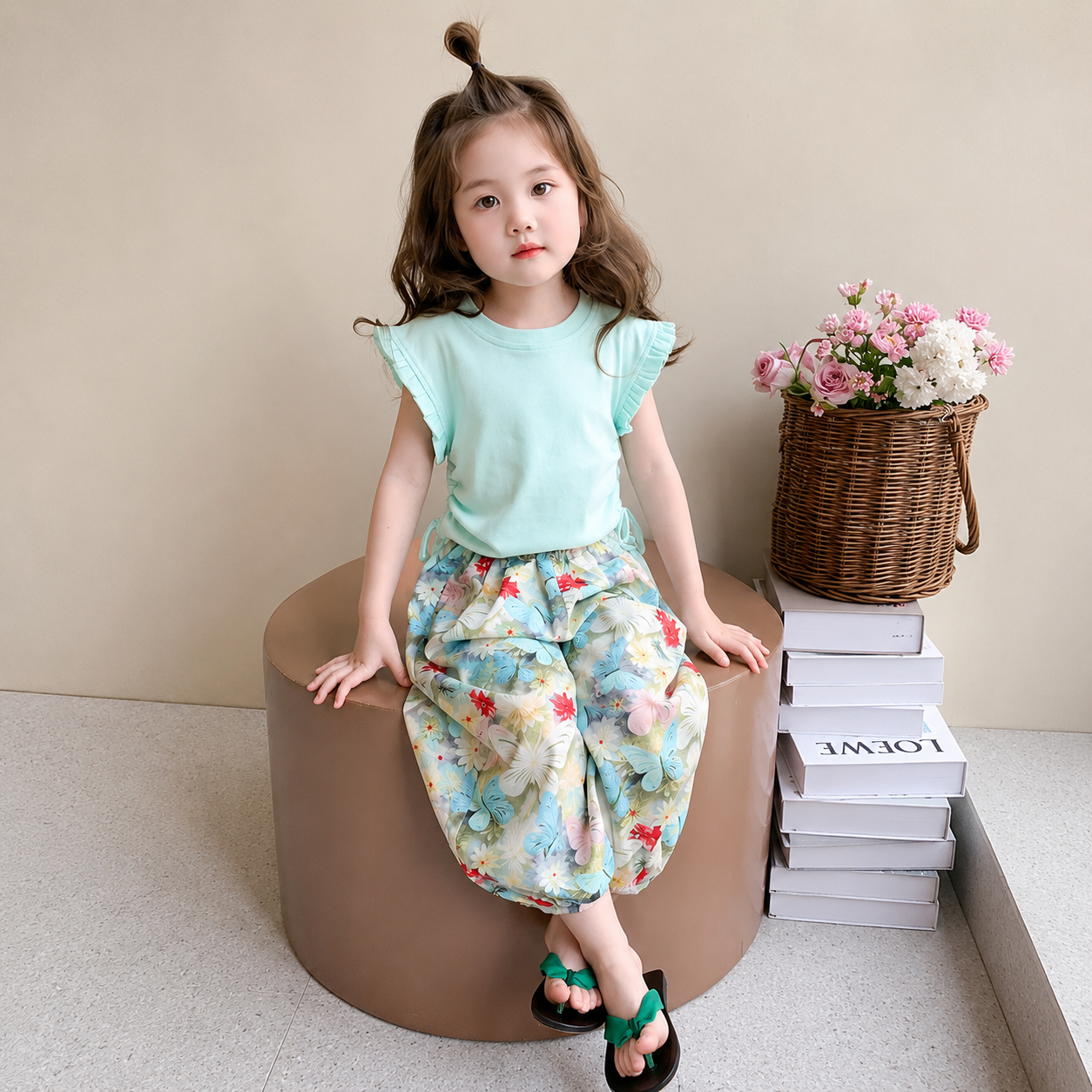Kids Mint Green Butterfly Floral Girls Outfit Set Top & Wide Leg Pants (1 to 6 years)