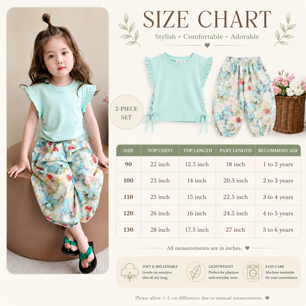 Kids Mint Green Butterfly Floral Girls Outfit Set Top & Wide Leg Pants (1 to 6 years)_img_11
