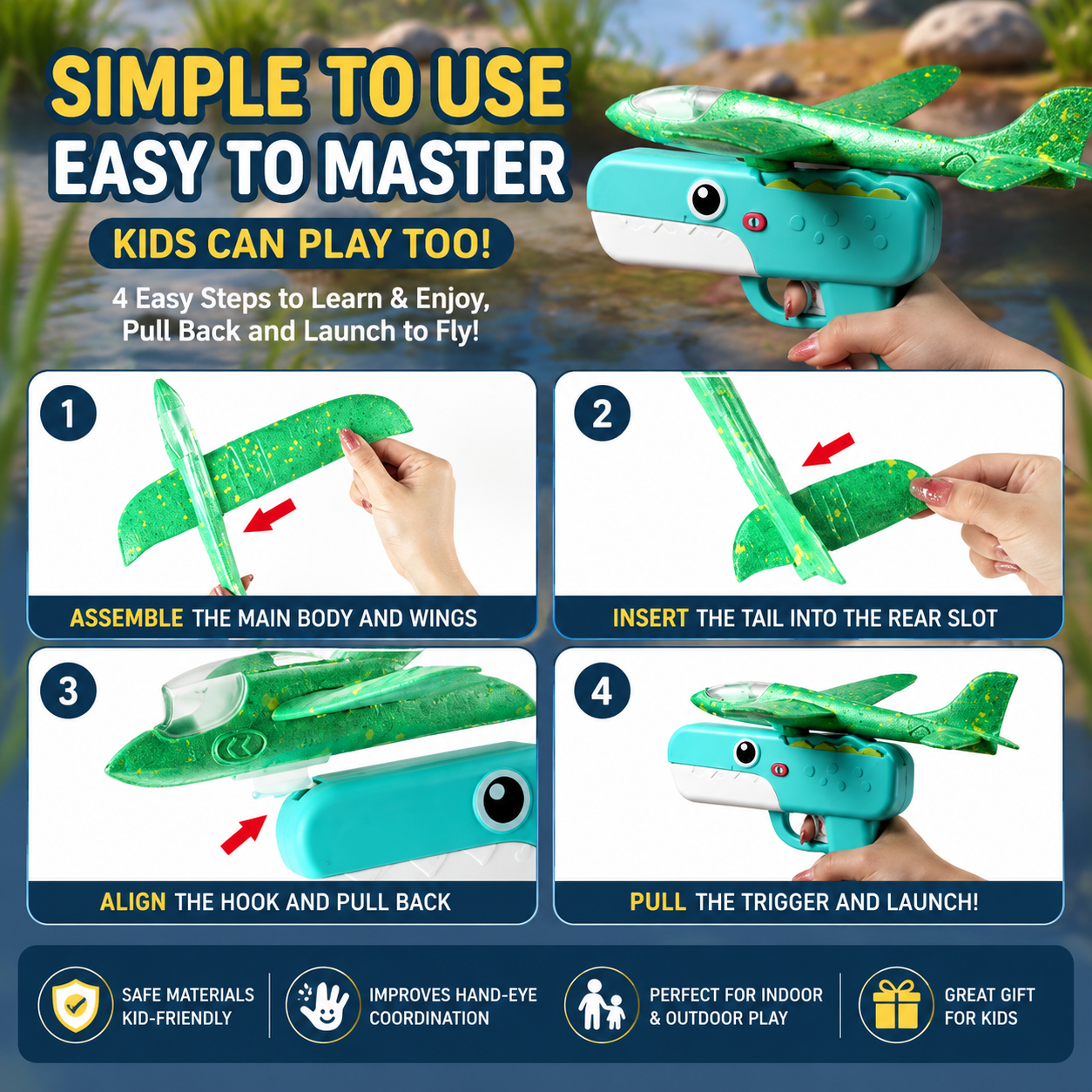 Kids Foam Airplane Launcher Gun Toy | EVA Glider Plane with Catapult Launcher | Outdoor Flying Toy for Boys & Girls_img_3
