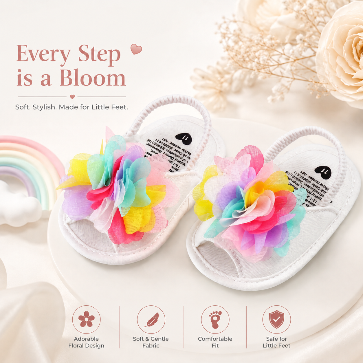 Baby Girls Floral Sandals | Rainbow Flower Soft Baby Sandal (3 to 10 months)