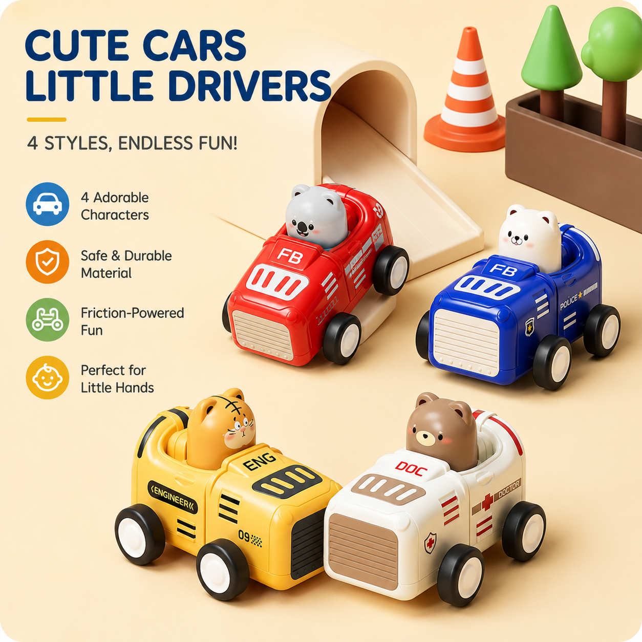 Kids Cute Animal Press Push Car Toy | Mini Fire, Police, Engineer & Doctor Cars_img_0