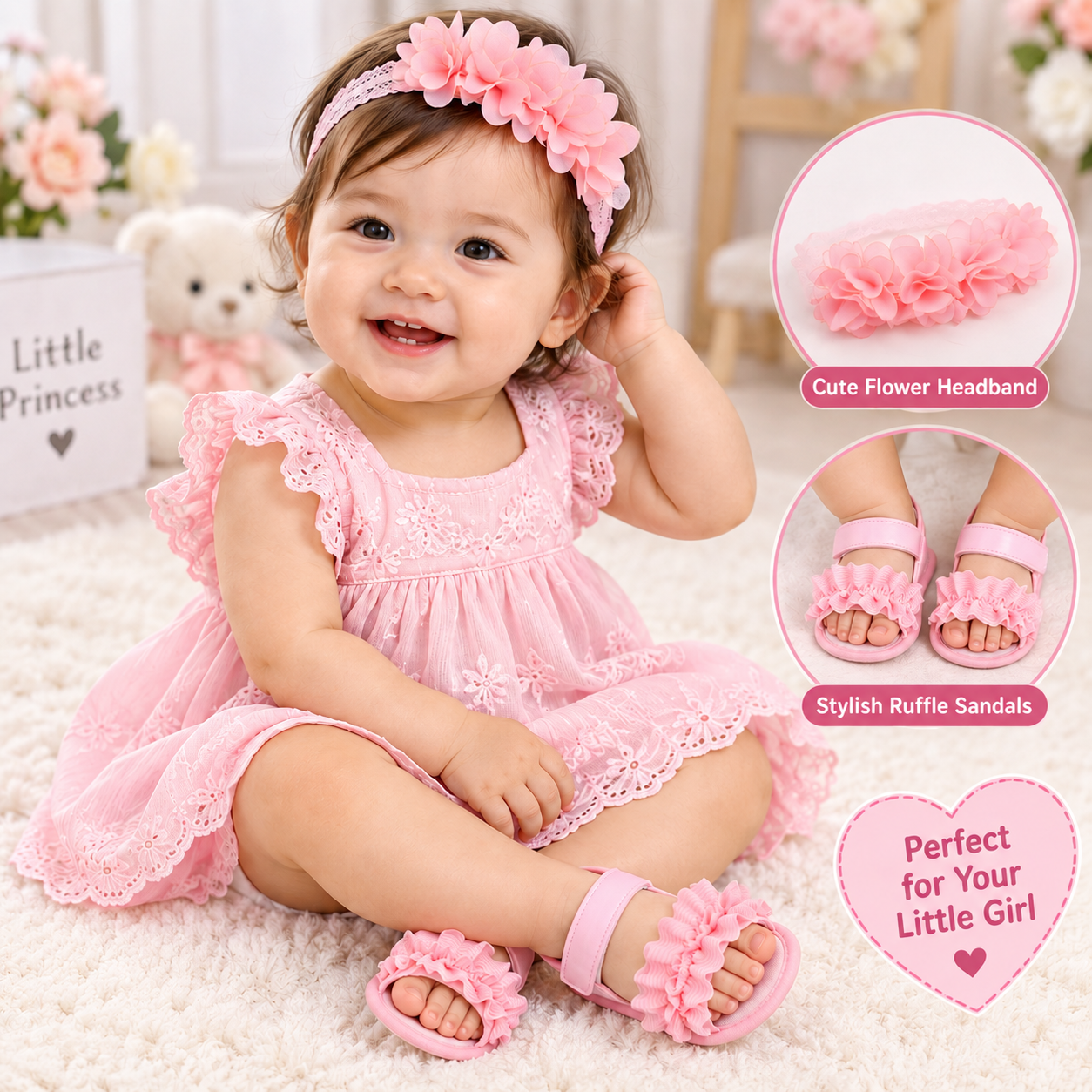 Baby Girls Sandals with Flower Headband Set | Cute Ruffle Summer Sandal (3 to 15 months)