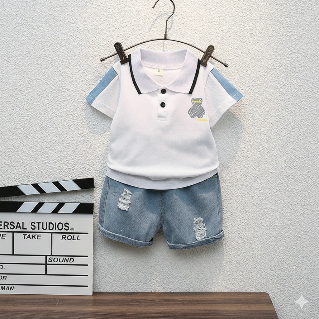 Baby Boy Stylish Polo T-Shirt & Denim Shorts Summer Set (6 Months – 3 Years)