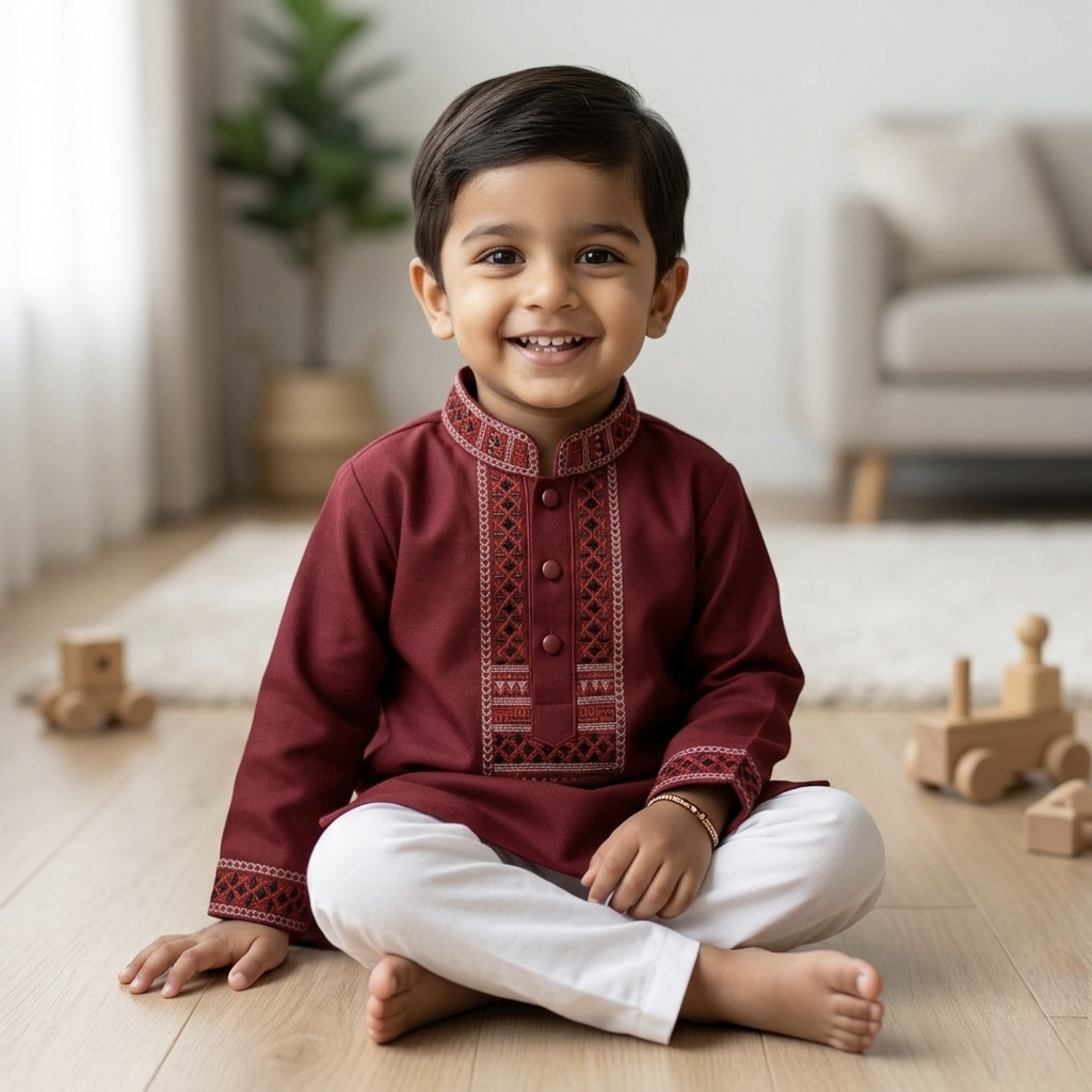 Kids Premium Mauve Embroidered China Saffron Eid Punjabi (0 to 8 years)