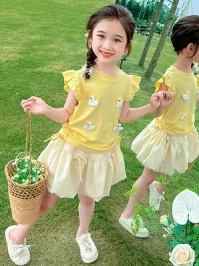 Kids Girls Summer Outfit Set Cute Duck Appliqué Top with Tulle Skirt Set (1 to 5 years) for your ANGEL_img_2