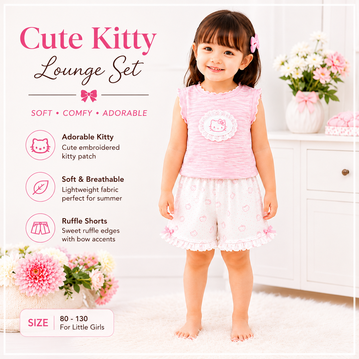 Kids Cute Pink Kitty Girls Summer Lounge Set – Sleeveless Ribbed Top & Ruffle Shorts Set ( 6 months to 6 years)