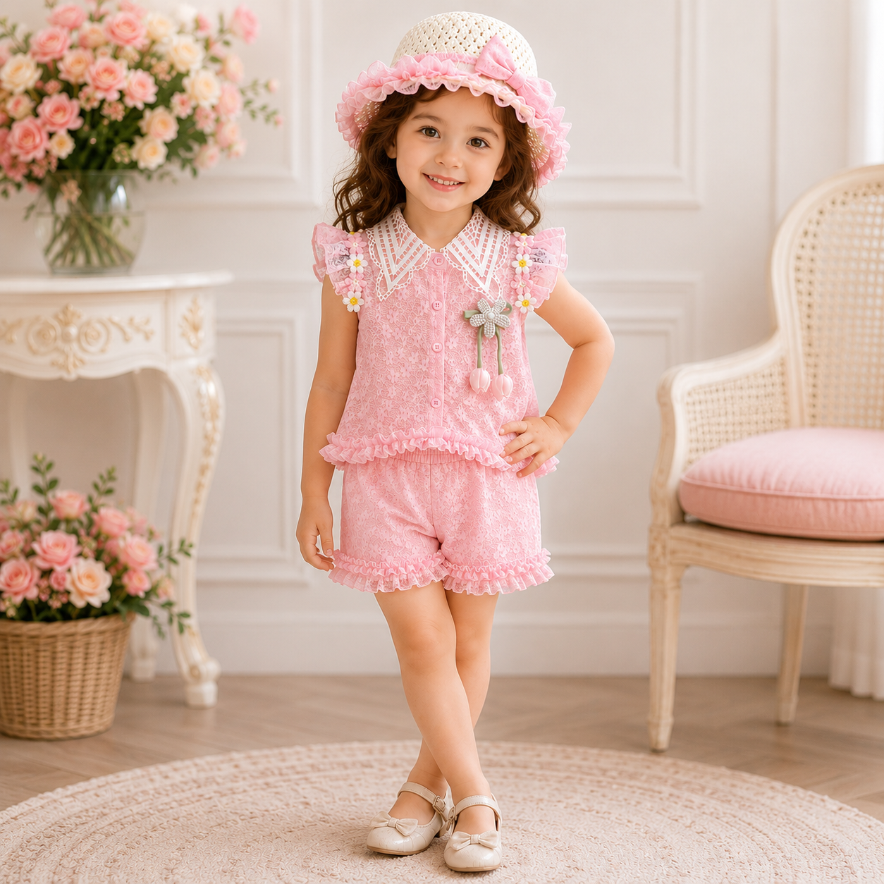 Kids Girl Elegant Pink Lace Outfit Set with Ruffle Skirt Pant & Sun Hat (1 to 6 years)