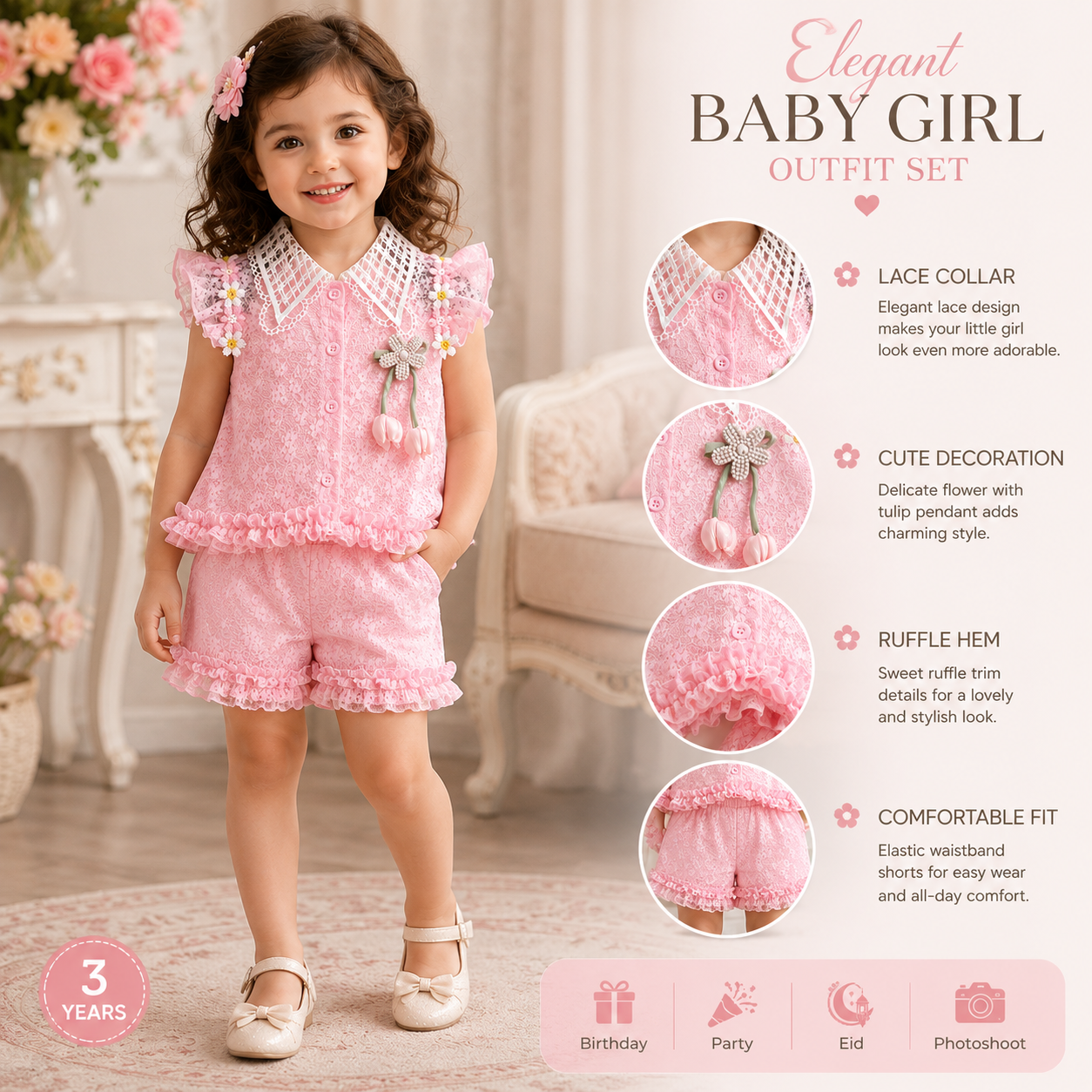 Kids Girl Elegant Pink Lace Outfit Set with Ruffle Skirt Pant & Sun Hat (1 to 6 years)_img_2