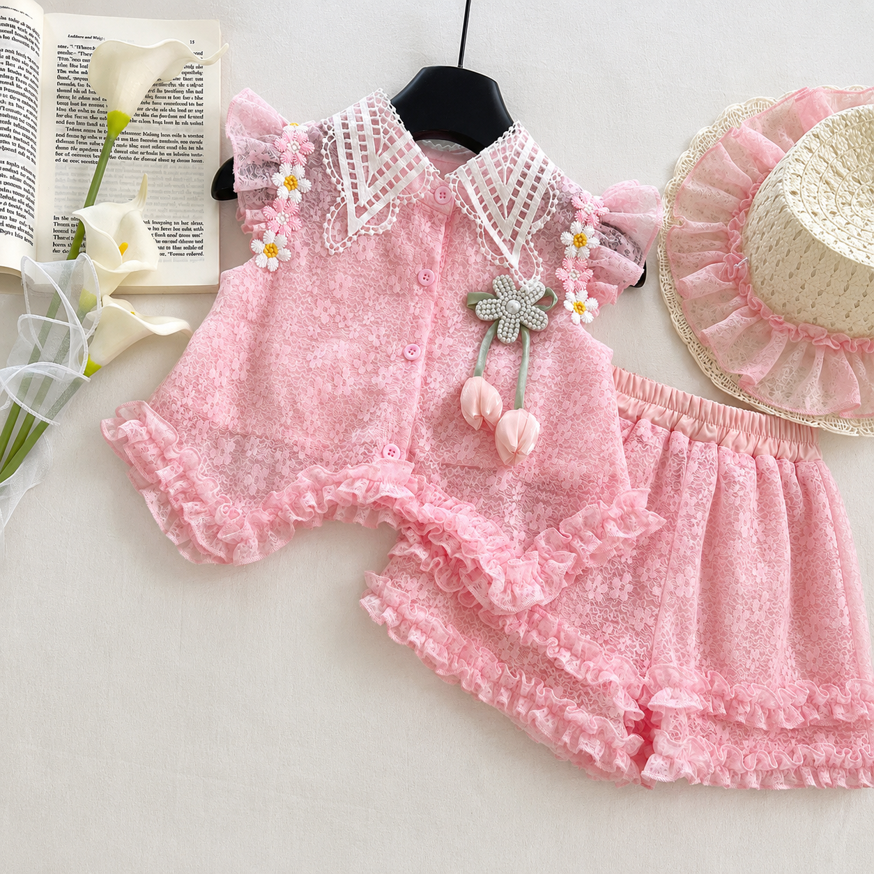 Kids Girl Elegant Pink Lace Outfit Set with Ruffle Skirt Pant & Sun Hat (1 to 6 years)_img_3