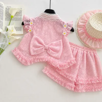 Kids Girl Elegant Pink Lace Outfit Set with Ruffle Skirt Pant & Sun Hat (1 to 6 years)_img_4