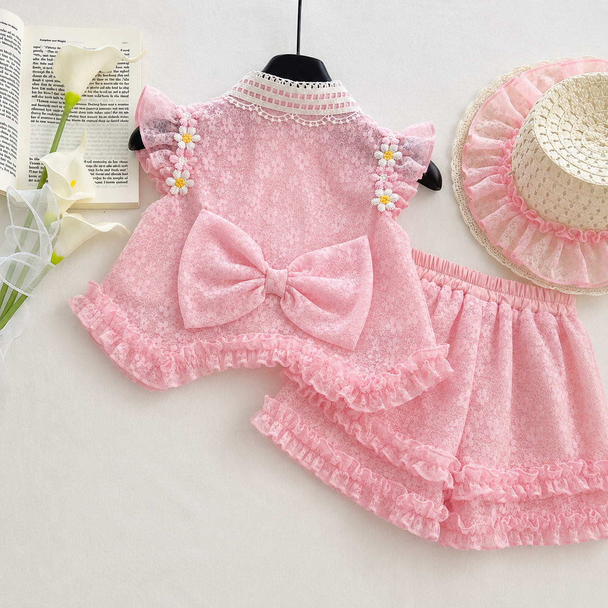 Kids Girl Elegant Pink Lace Outfit Set with Ruffle Skirt Pant & Sun Hat (1 to 6 years)_img_4