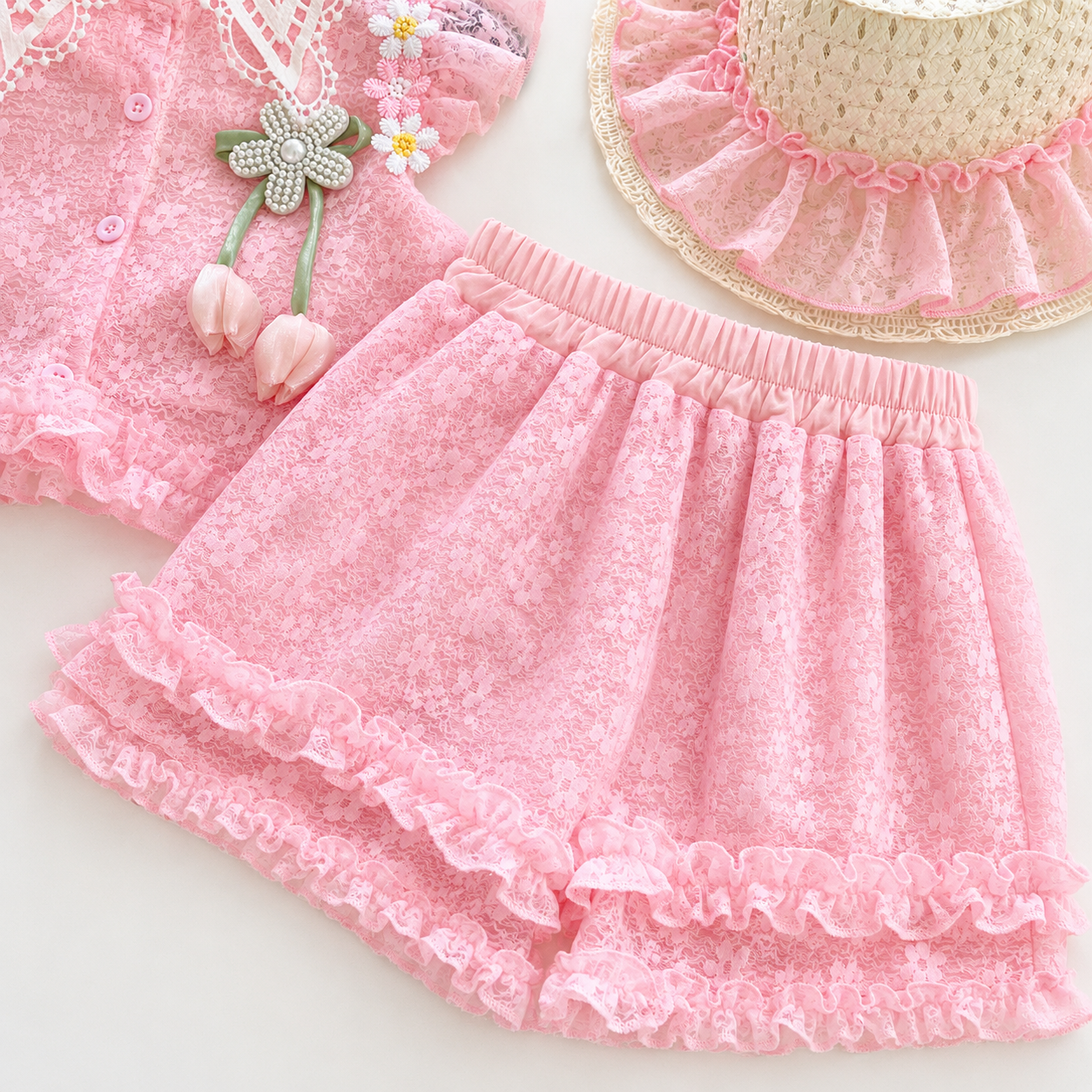 Kids Girl Elegant Pink Lace Outfit Set with Ruffle Skirt Pant & Sun Hat (1 to 6 years)_img_5