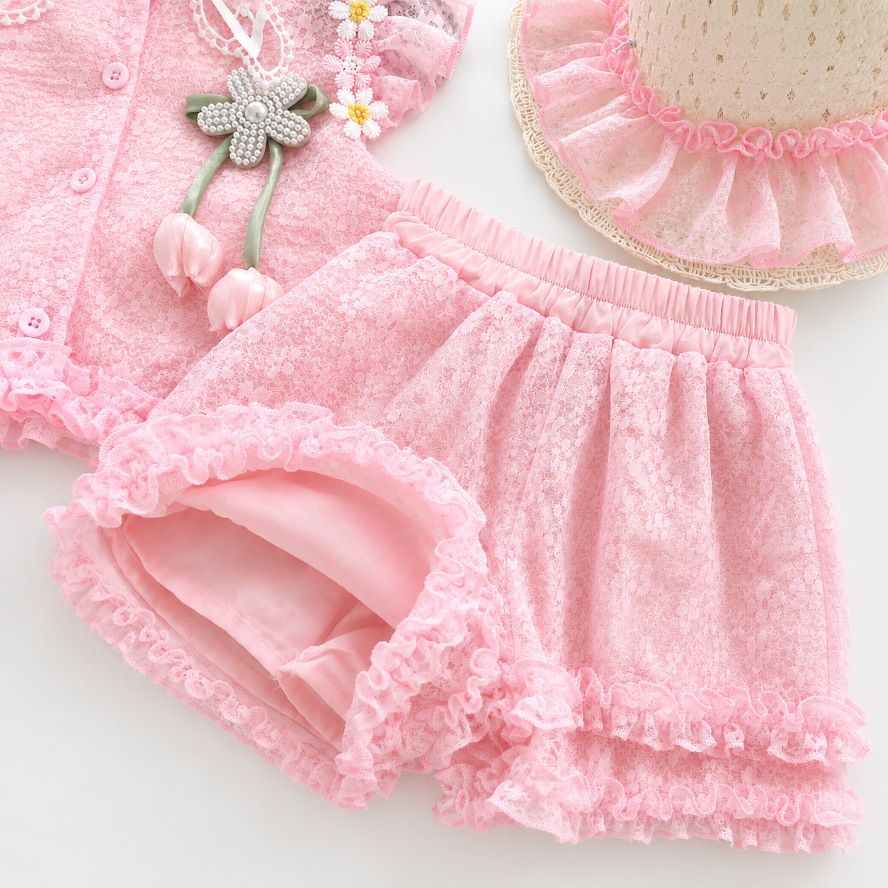 Kids Girl Elegant Pink Lace Outfit Set with Ruffle Skirt Pant & Sun Hat (1 to 6 years)_img_6