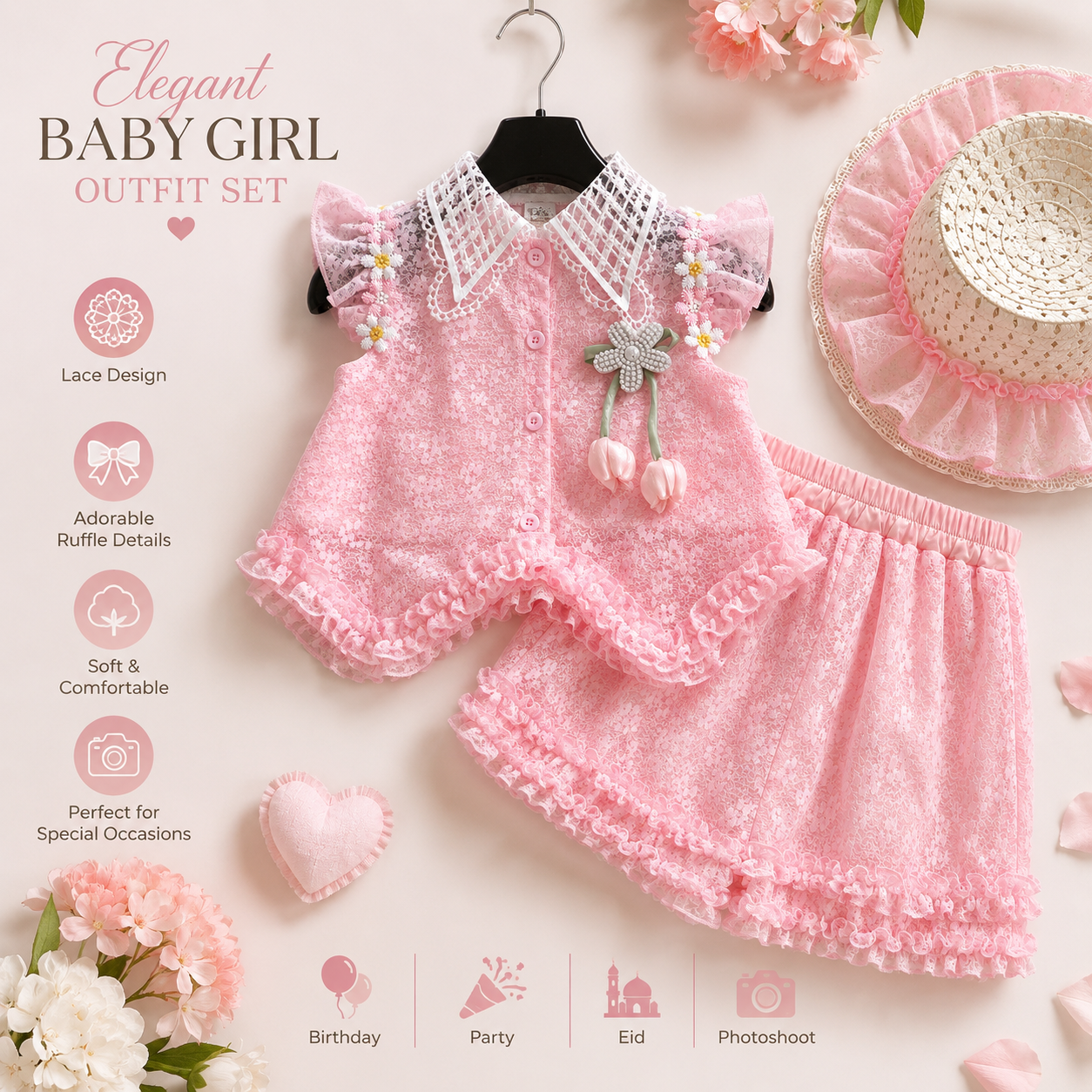 Kids Girl Elegant Pink Lace Outfit Set with Ruffle Skirt Pant & Sun Hat (1 to 6 years)_img_1