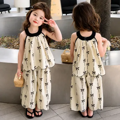 Kids Girls Elegant Bow Print Sleeveless Summer Top & Wide Leg Pants Dress Set (1 to 6 years)_img_0