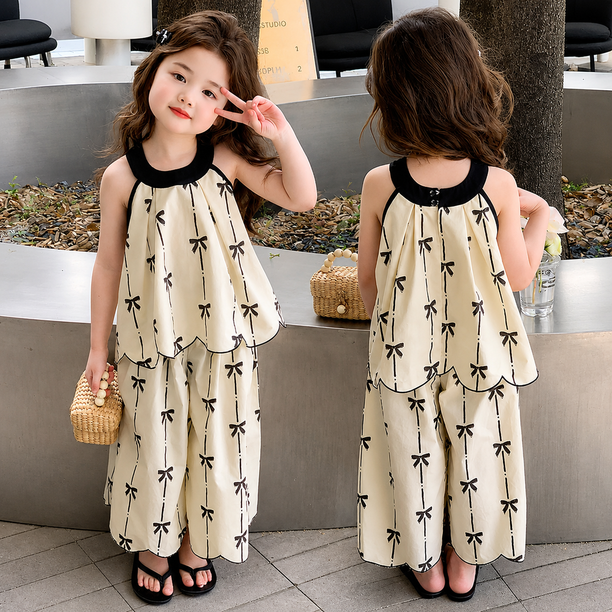 Kids Girls Elegant Bow Print Sleeveless Summer Top & Wide Leg Pants Dress Set (1 to 6 years)_img_0