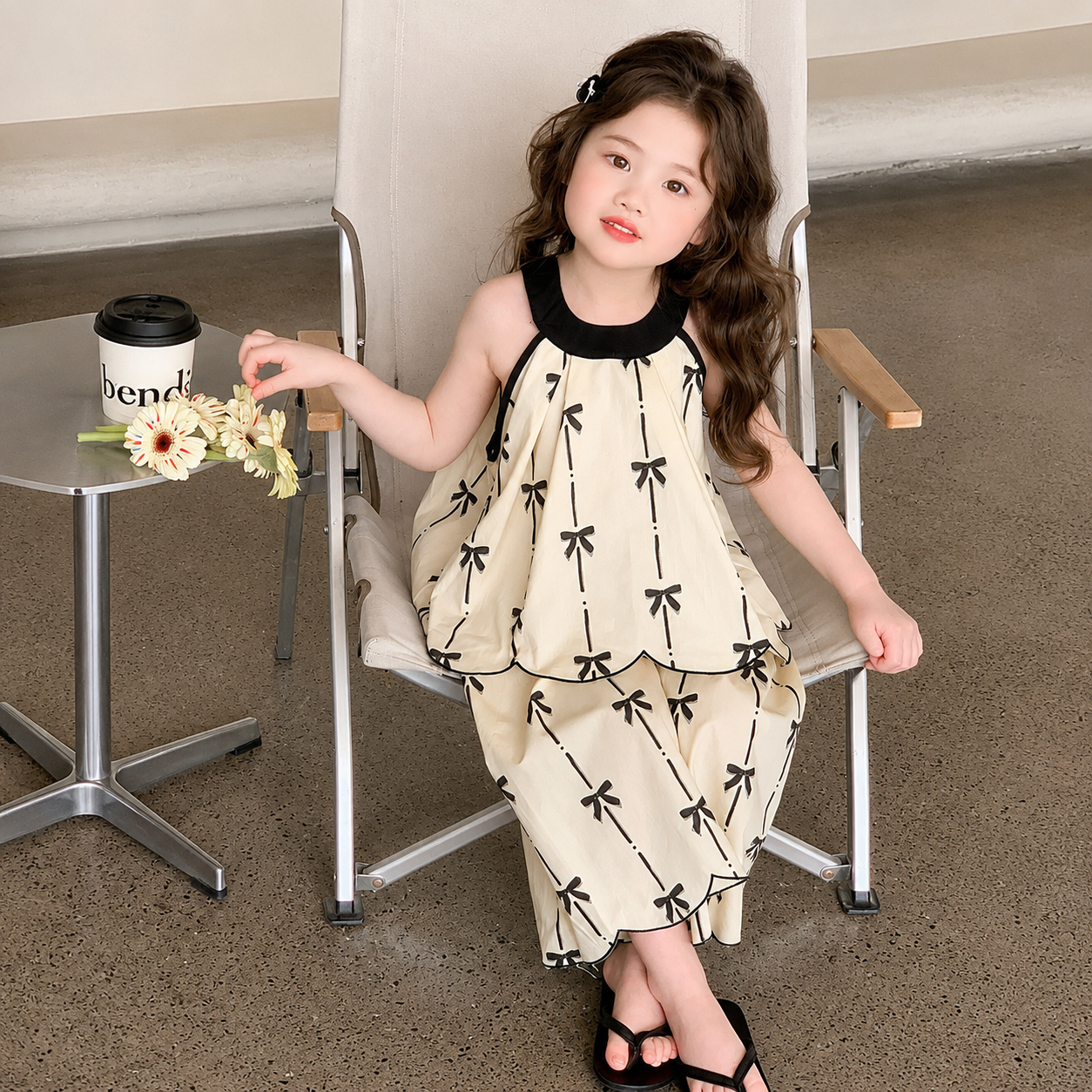 Kids Girls Elegant Bow Print Sleeveless Summer Top & Wide Leg Pants Dress Set (1 to 6 years)_img_2