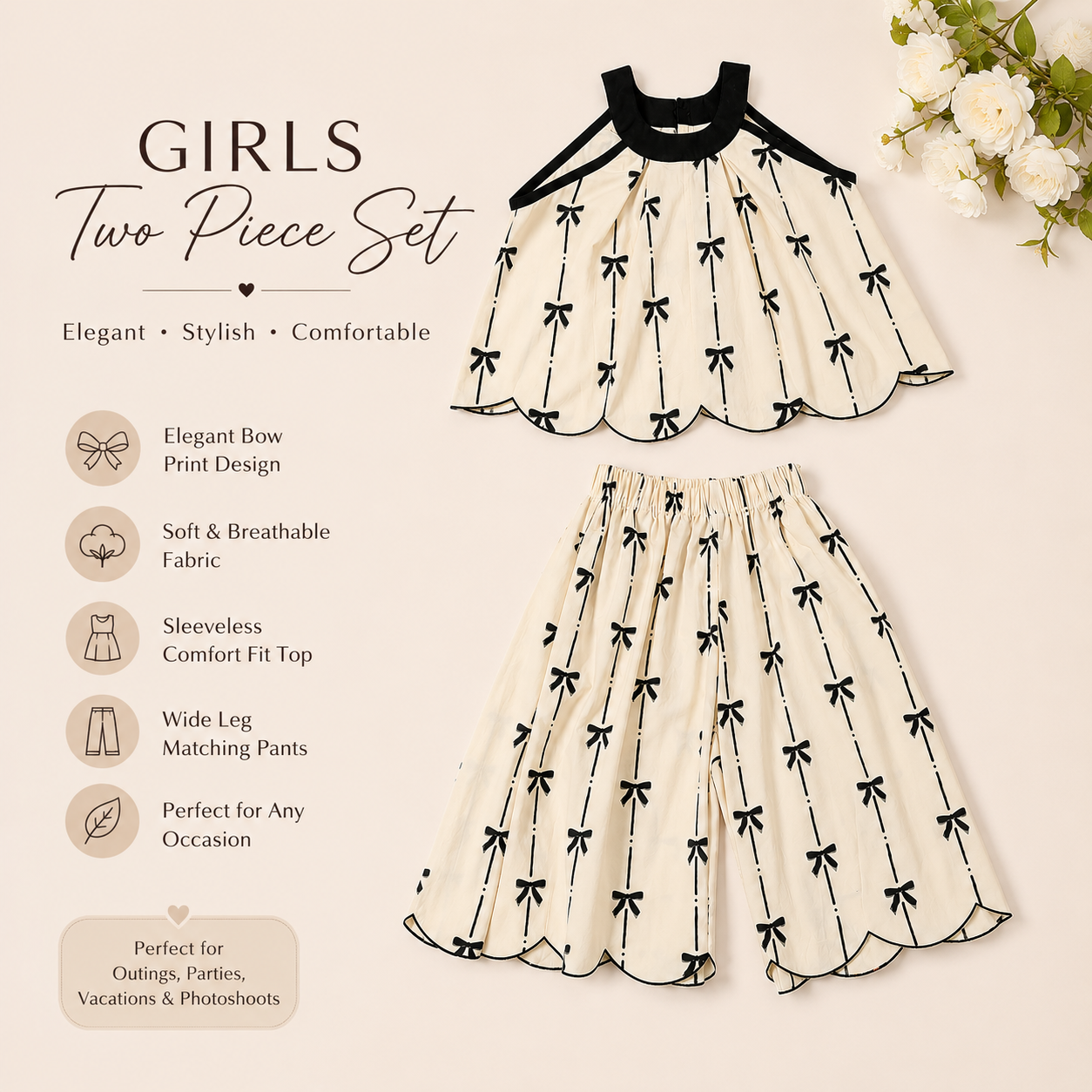Kids Girls Elegant Bow Print Sleeveless Summer Top & Wide Leg Pants Dress Set (1 to 6 years)_img_1