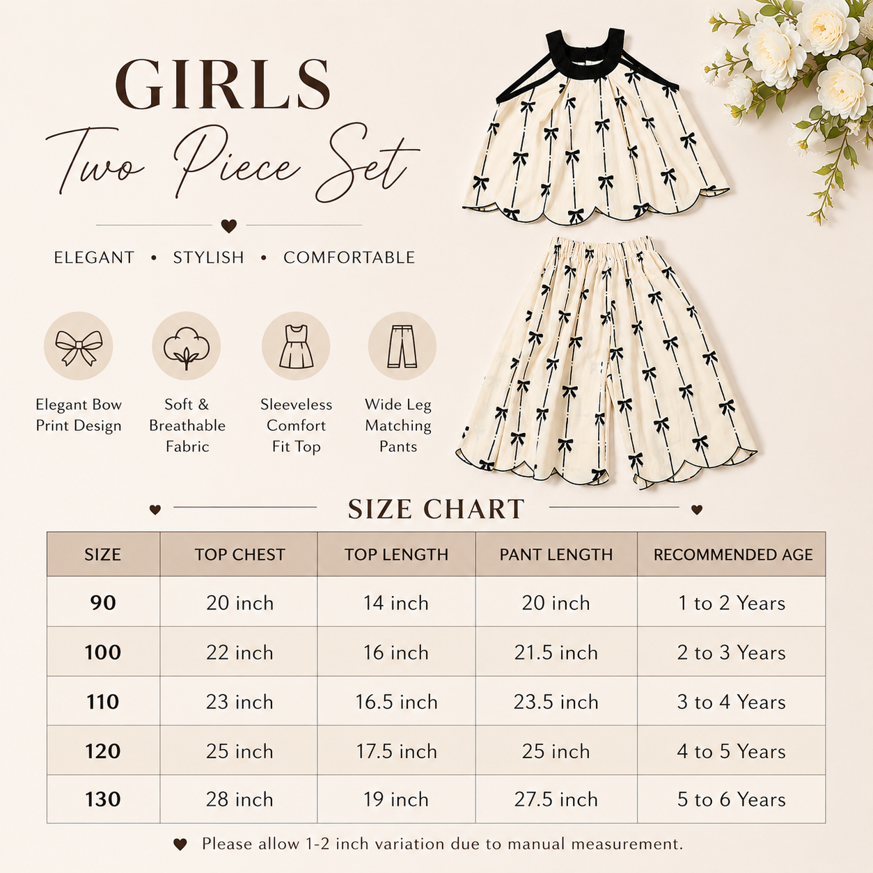 Kids Girls Elegant Bow Print Sleeveless Summer Top & Wide Leg Pants Dress Set (1 to 6 years)_img_5