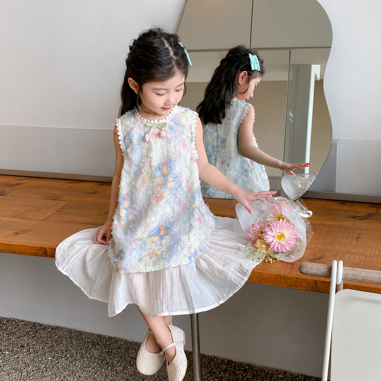 Kids Girls Elegant Sleeveless Pastel Floral Lace Princess Party Dress (1 to 6 years)_img_2