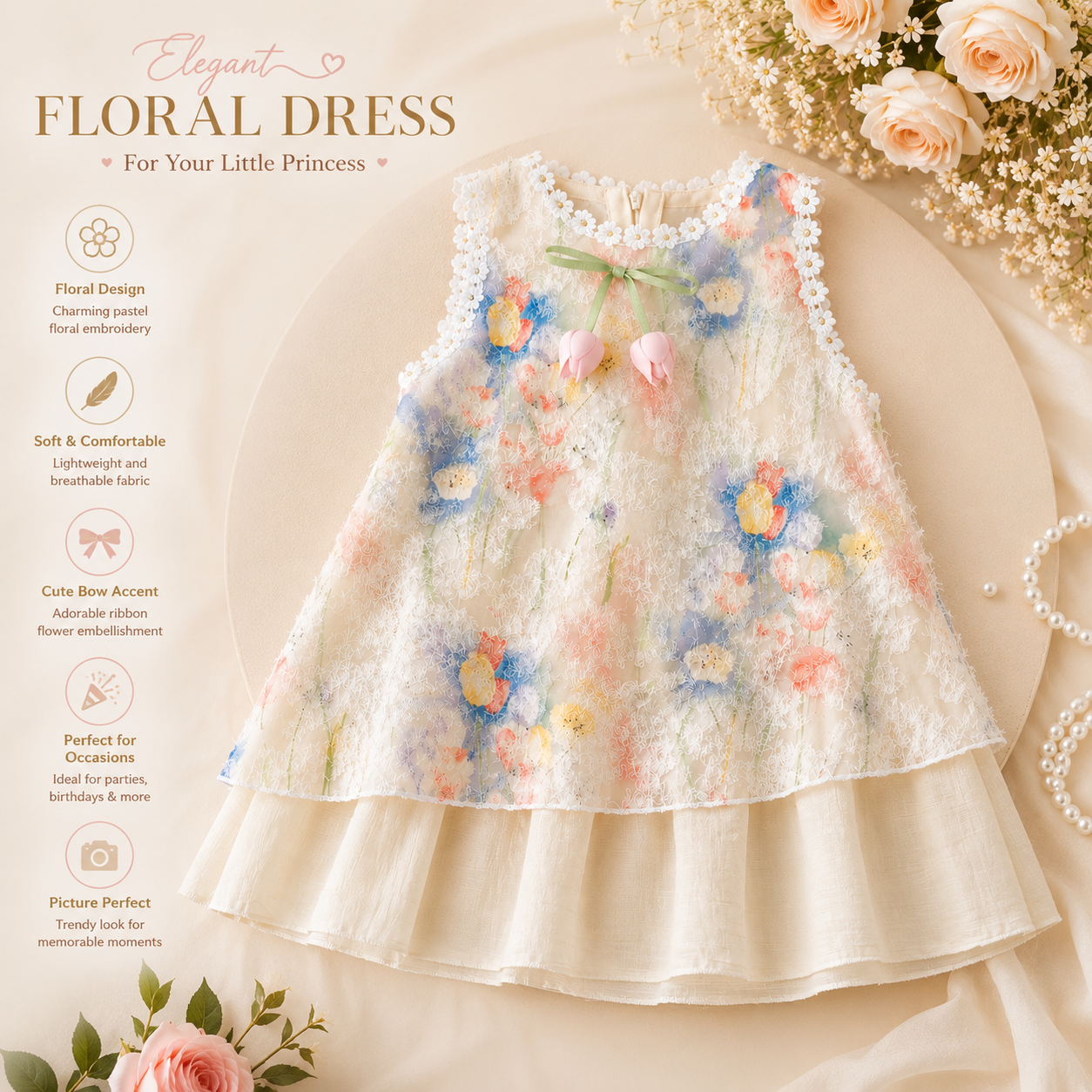 Kids Girls Elegant Sleeveless Pastel Floral Lace Princess Party Dress (1 to 6 years)_img_1