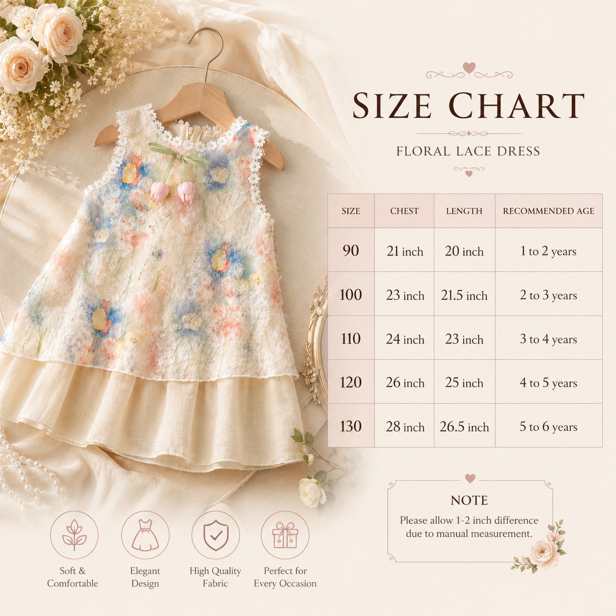 Kids Girls Elegant Sleeveless Pastel Floral Lace Princess Party Dress (1 to 6 years)_img_8