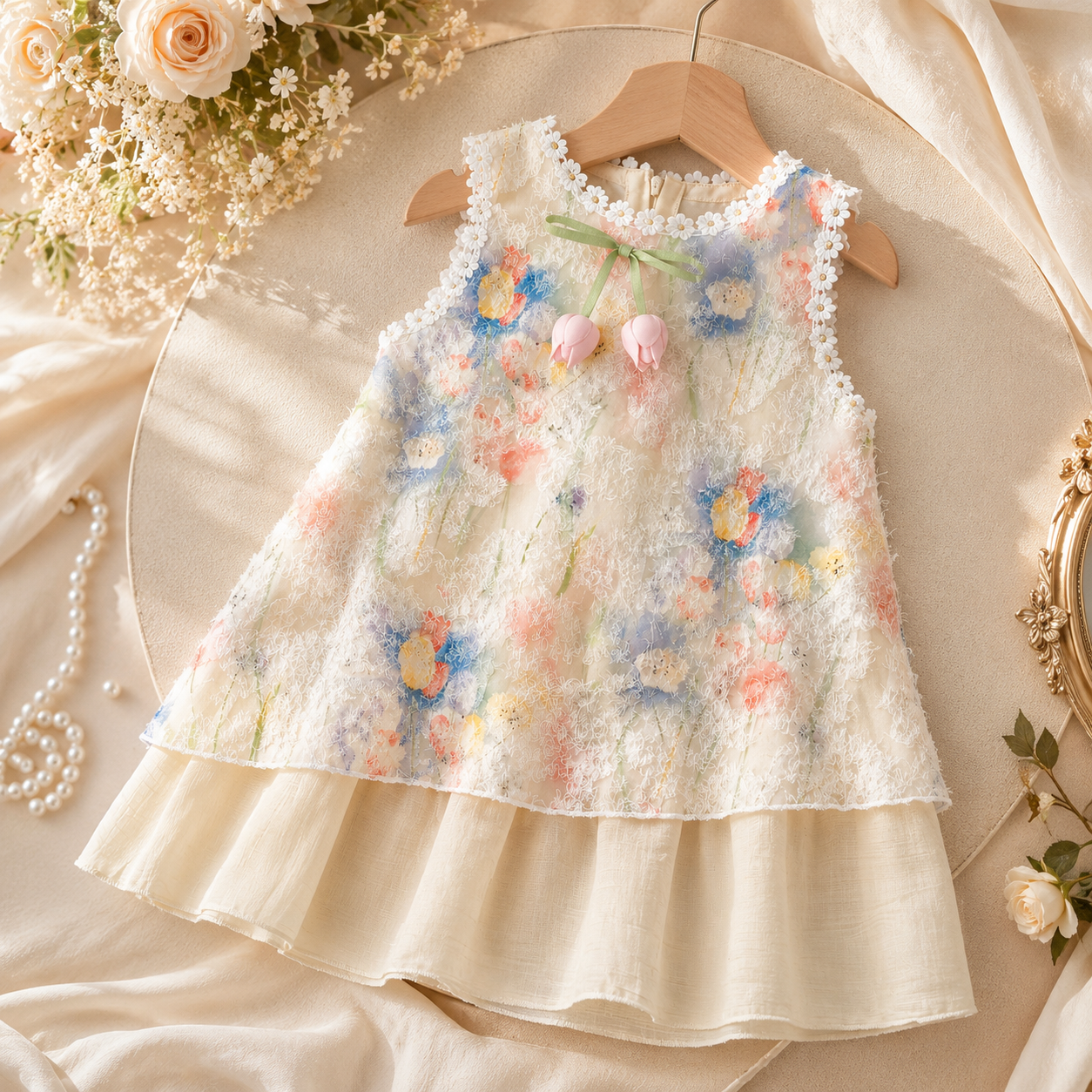 Kids Girls Elegant Sleeveless Pastel Floral Lace Princess Party Dress (1 to 6 years)_img_3