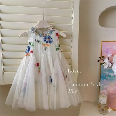 Kids Girls Floral Embroidered Summer Tulle Party Dress with Necklace (2 to 7 years)_img_3