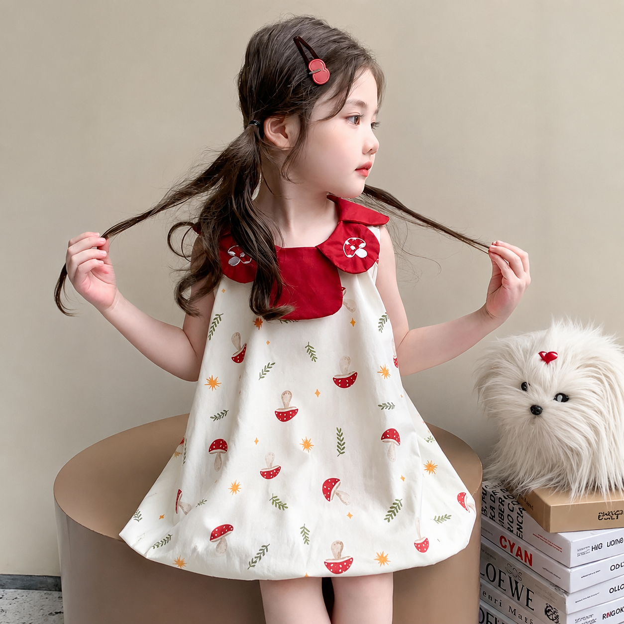 Kids Girls Mushroom Print Red Collar Balloon Dress (1 to 6 year)_img_0
