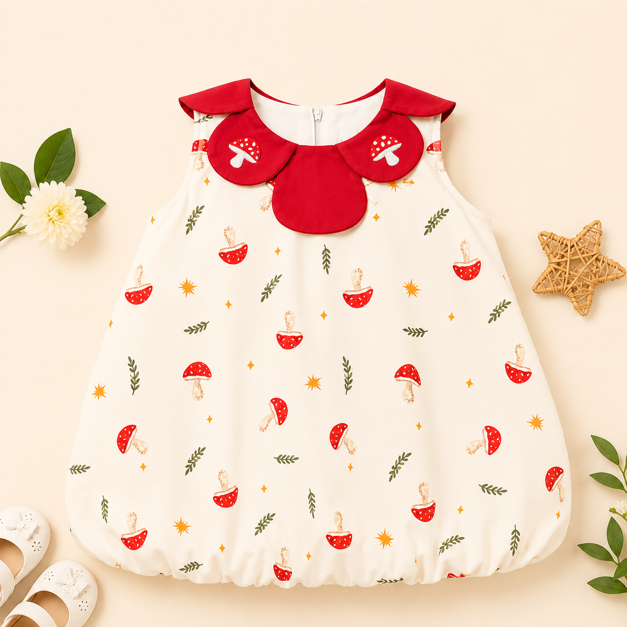 Kids Girls Mushroom Print Red Collar Balloon Dress (1 to 6 year)_img_3