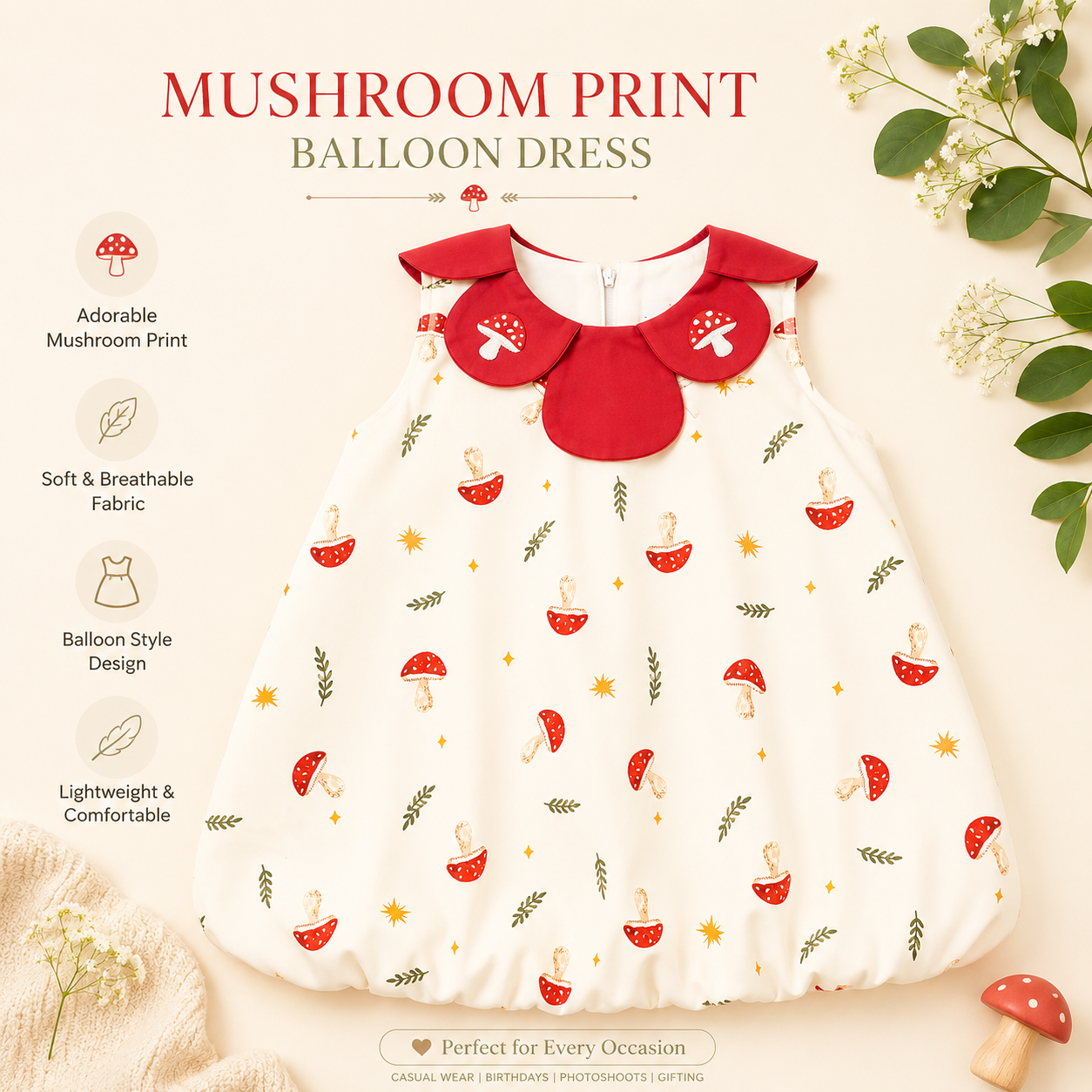 Kids Girls Mushroom Print Red Collar Balloon Dress (1 to 6 year)