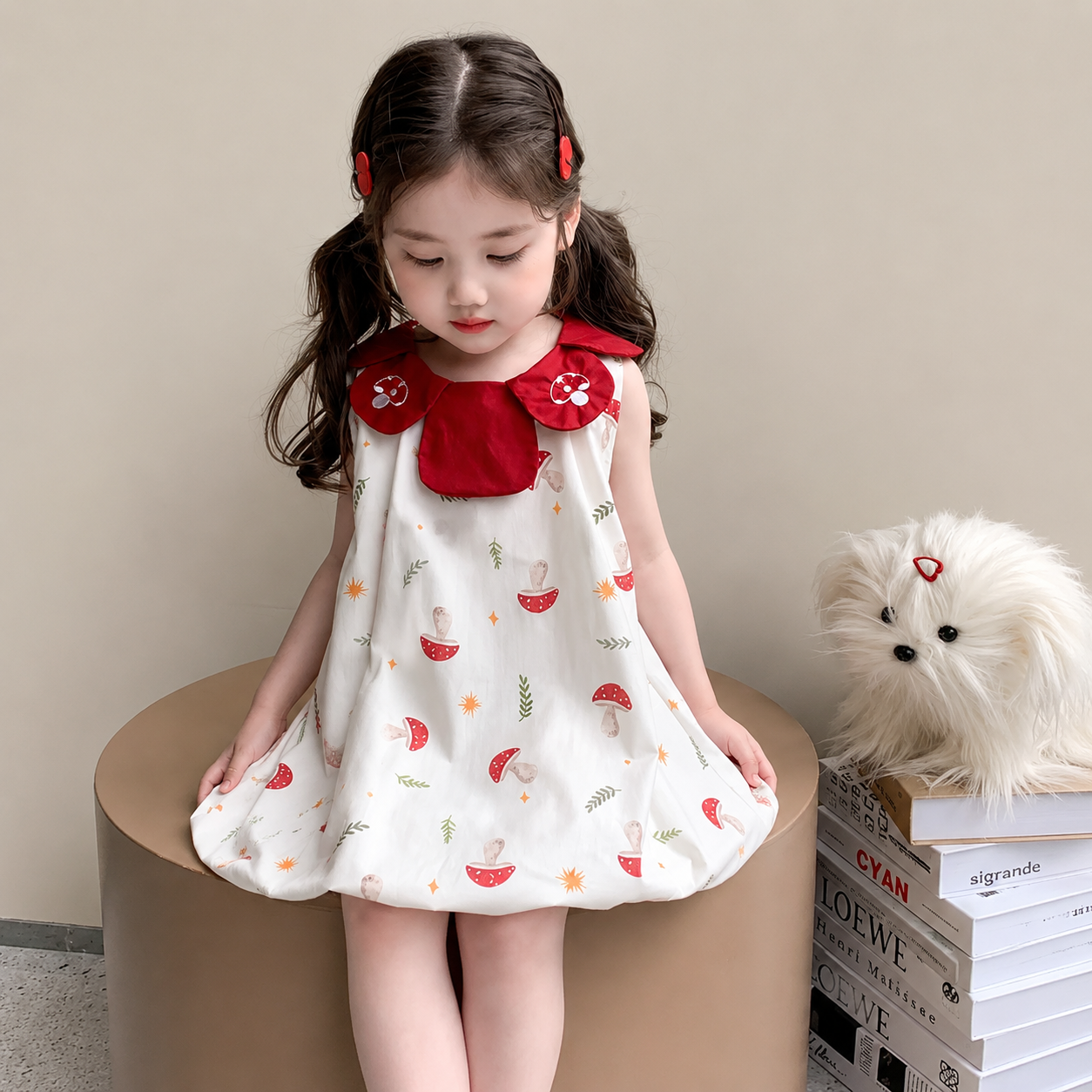 Kids Girls Mushroom Print Red Collar Balloon Dress (1 to 6 year)_img_2