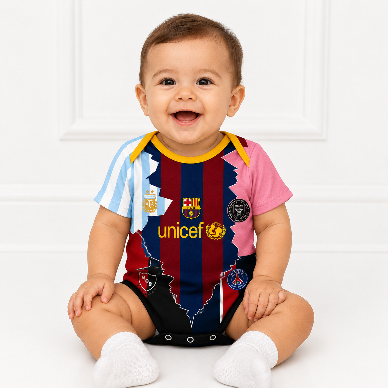 Baby Lionel Messi (LM10) Fusion Football Jersey Romper - Soft Cotton Football Jersey Bodysuit (0 to 12 months)_img_0